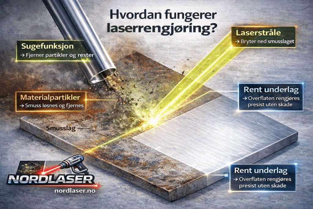 Illustrasjon som viser hvordan laserrengjøring fjerner smuss fra overflater