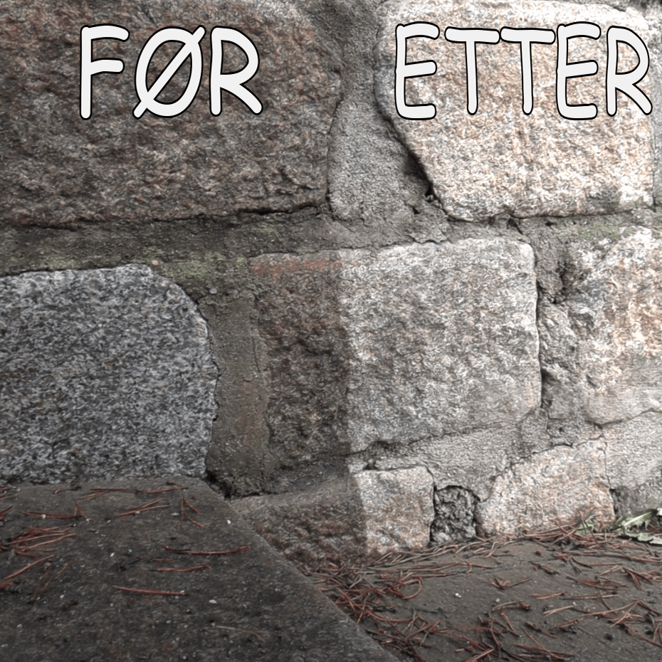 Før og etter laserrengjøring av stein og fasade