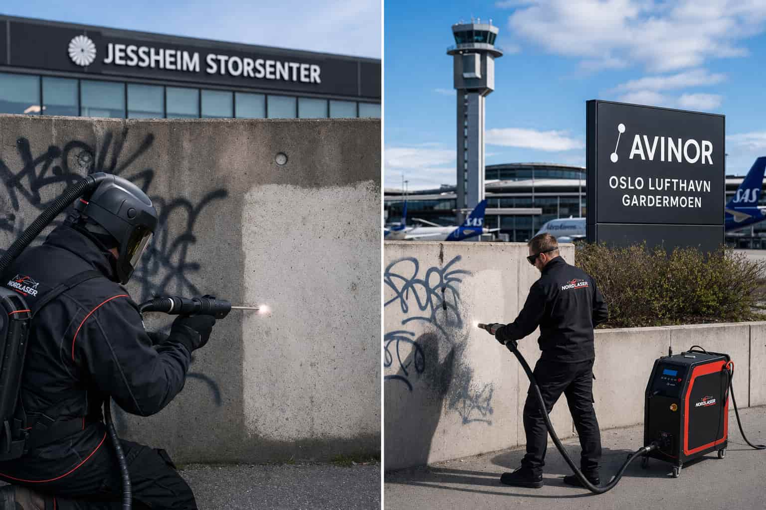 Fjerne graffiti i Jessheim med laser – før og etter resultat på betongvegg