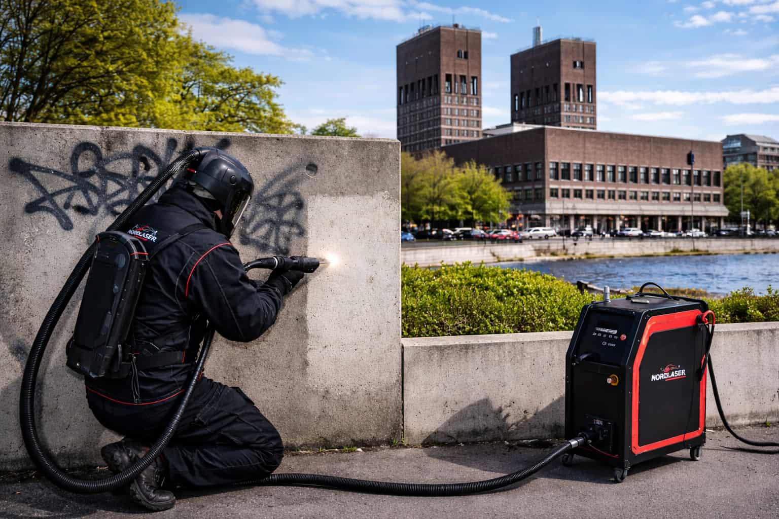 Fjerne graffiti i Oslo med laser på betongvegg – profesjonell graffitifjerning