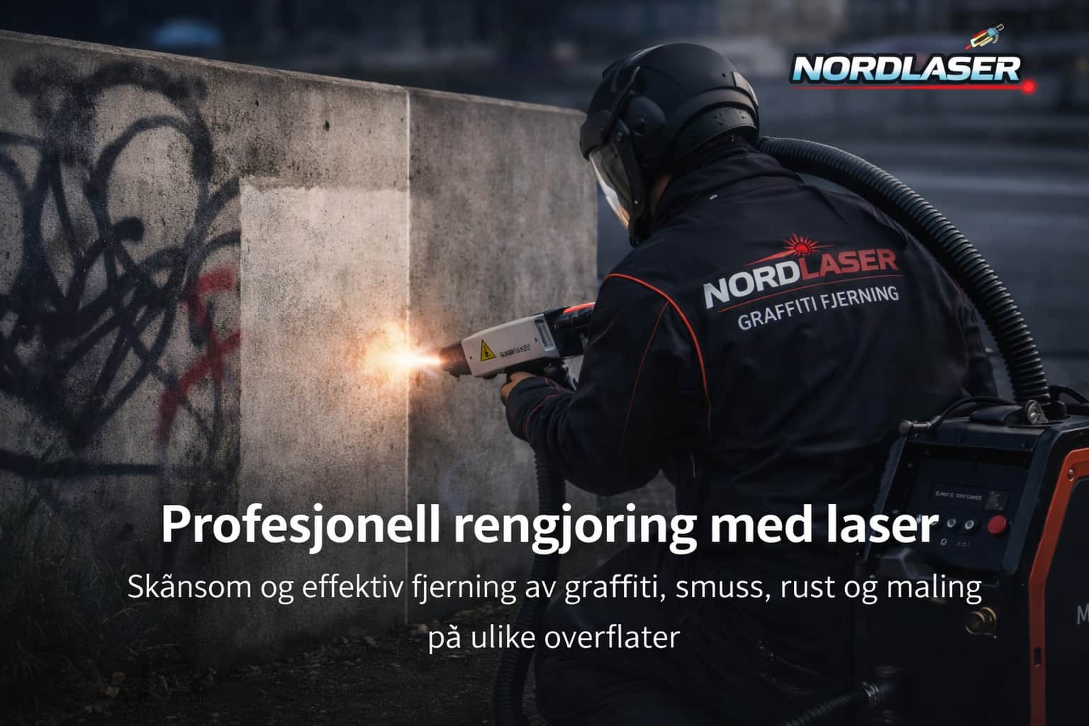 Profesjonell laser rengjøring av betongvegg – fjerning av graffiti, rust og maling uten skade på overflaten