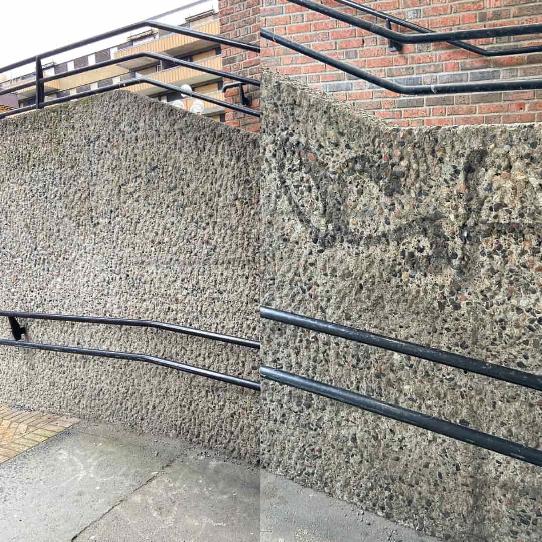 Betongvegg før og etter laserrengjøring — graffiti fjernet i Oslo