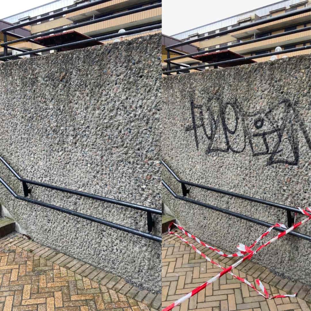 Fjerning av graffiti i Oslo på vegg før og etter med laser