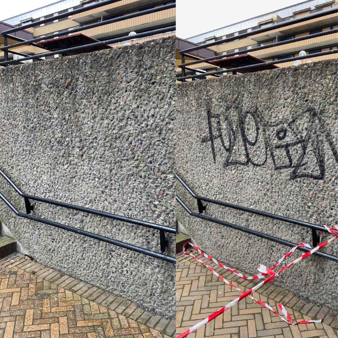 Graffiti på betongvegg før og etter laserrengjøring i Oslo