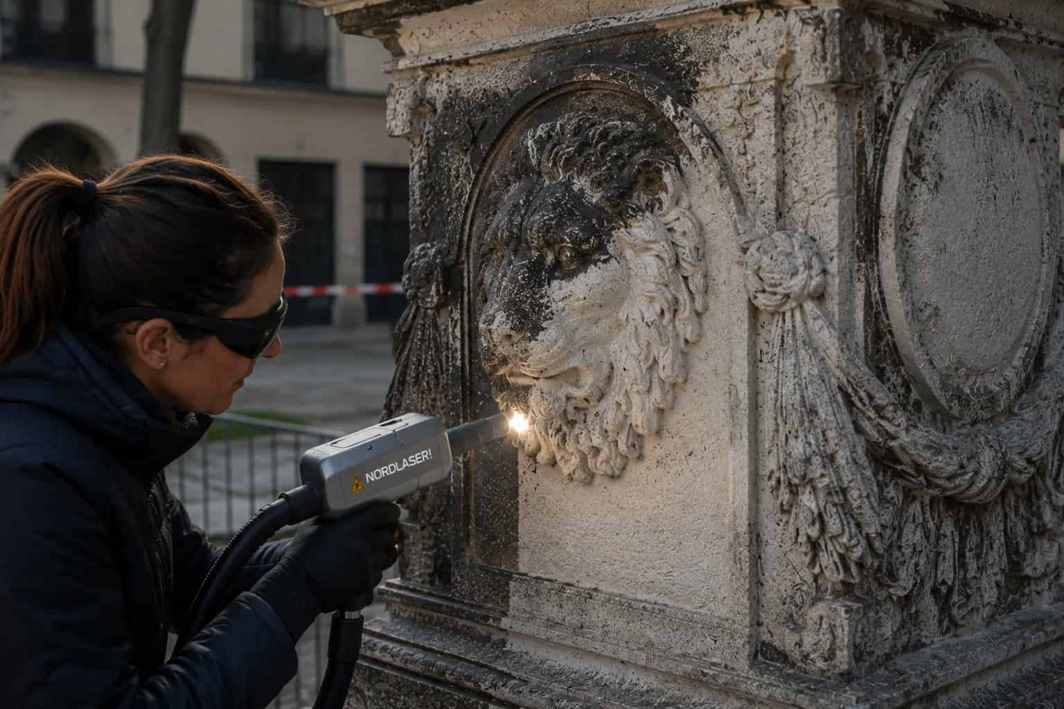 Rengjøring av monumenter og steinrelieff med laser – Nordlaser Nordlaser rengjør dekorativt steinrelief på historisk monument med fiberlaser i Oslo