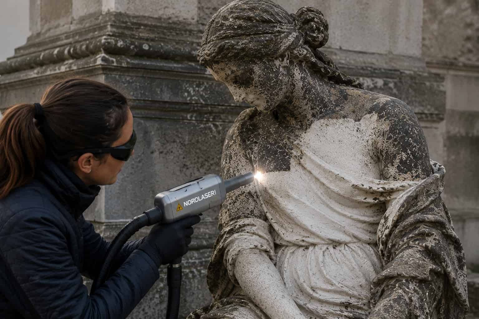 Laserrengjøring av statuer og monumenter – Nordlaser Oslo Nordlaser-tekniker rengjør historisk steinstatue med fiberlaser – skånsom fjerning av mose og smuss